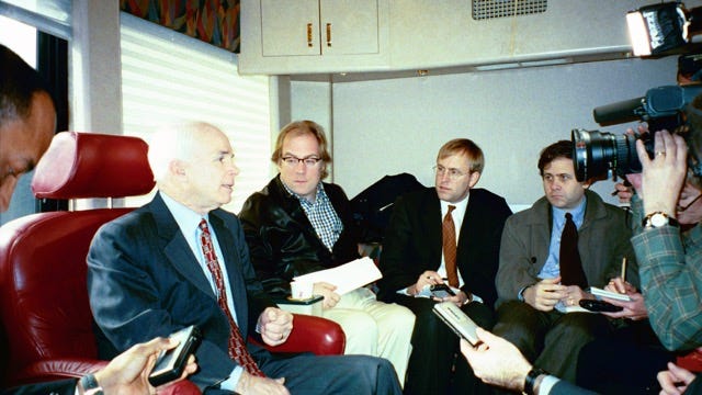 ATT11859.jpeg (Left to right): McCain, Mike Murphy, Jonathan Karl, me, on “The Straight Talk Express,” 2000.