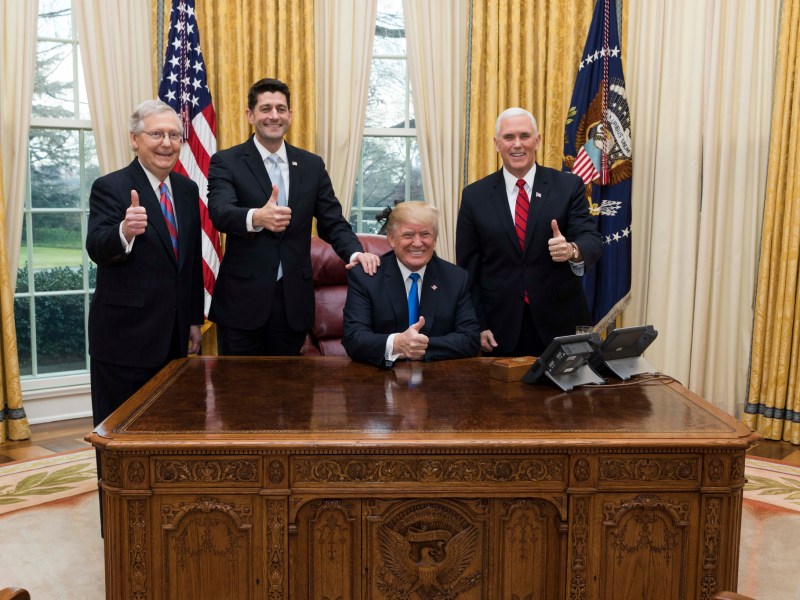 trump, mitch mcconnell, paul ryan, and mike pence, celebrating tax cuts