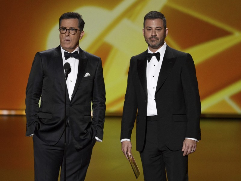 Trump Regime Free Press Casualties: CBS's Stephen Colbert, left, and ABC's Jimmy Kimmel, right, at the 71st Primetime Emmy Awards on Sunday, Sept. 22, 2019, in Los Angeles.
