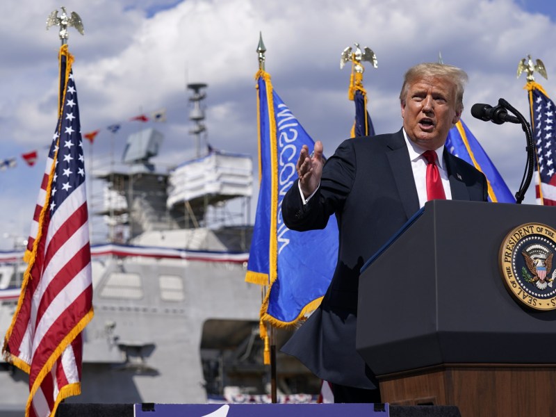 President Donald Trump speaks during a visit to a shipbuilding firm in Marinette, Wisconsin.