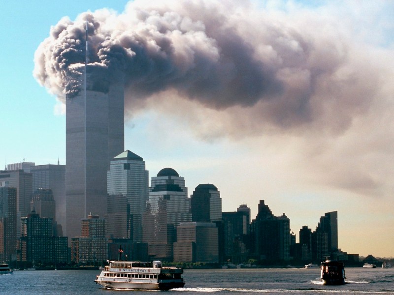September 11. 9/11.Thick black smoke emerges from the towers of the World Trade Center in the New York borough of Manhattan on the morning of September 11, 2001.