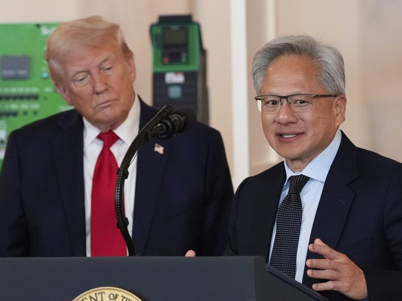 Trump’s Industrial Policy: What’s Right and Wrong. Trump listens as Nvidia CEO Jensen Huang speaks during an event about investing in America in the Cross Hall of the White House, Wednesday, April 30, 2025, in Washington.