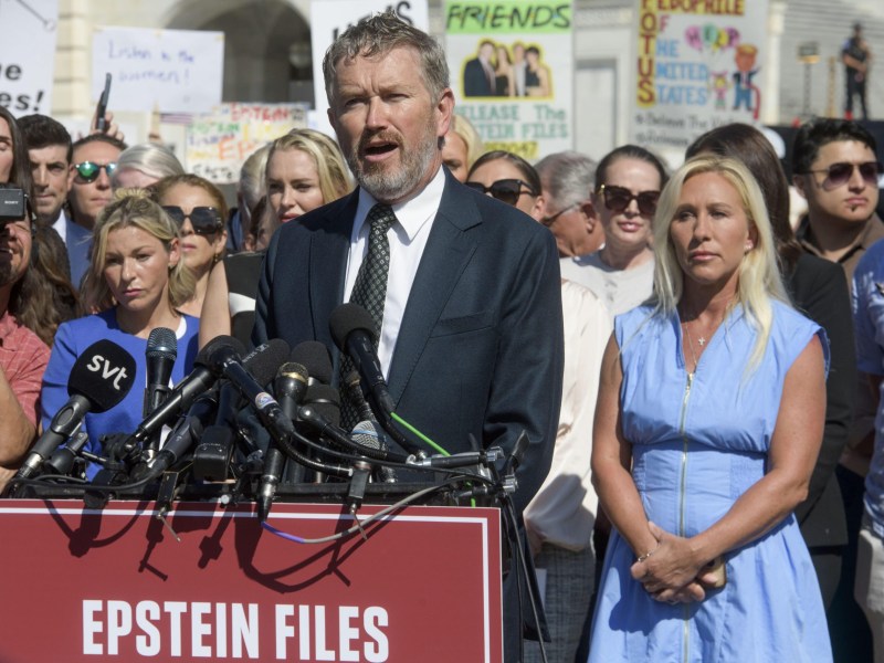 Rep. Thomas Massie, R-Ky., speaks during a news conference regarding the release of the Jeffrey Epstein files, on Capitol Hill, Wednesday, Sept. 3, 2025, in Washington.