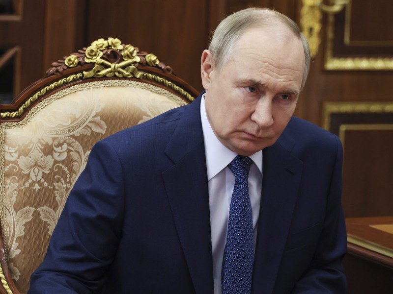 Russian President Vladimir Putin listens to governor of Smolensk region Vasily Anokhin, at the Kremlin, in Moscow, Russia, on Wednesday, Sept. 10, 2025. (Vyacheslav Prokofyev, Sputnik, Kremlin Pool Photo via AP)