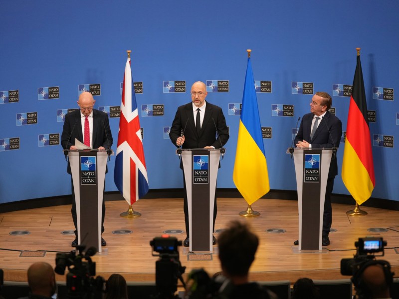 Can Europe Protect Ukraine? From left, Britain's Defense Secretary John Healey, Ukraine's Defense Minister Denys Shmyhal and Germany's Defense Minister Boris Pistorius address a media conference at NATO headquarters in Brussels, Wednesday, Oct. 15, 2025.
