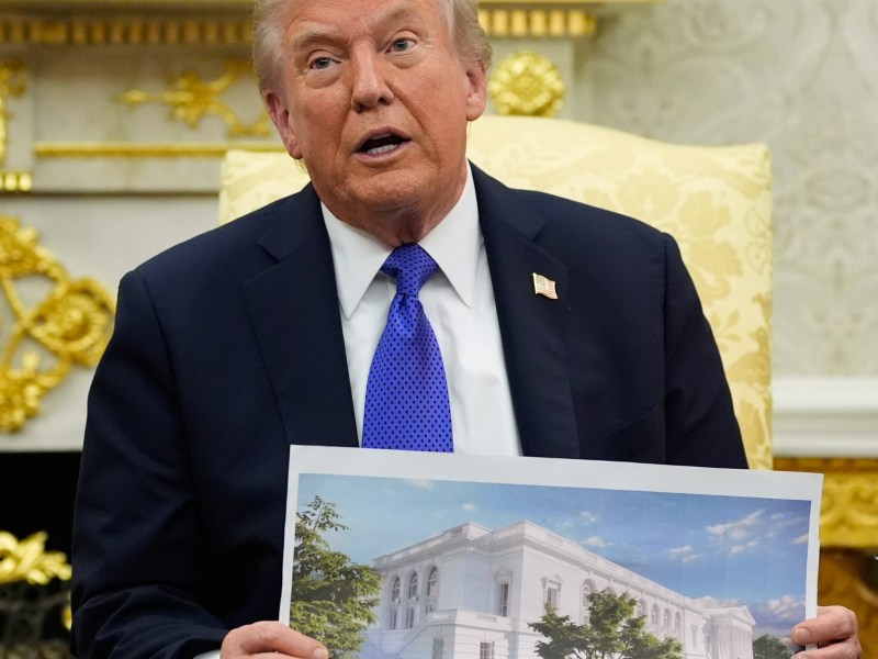 Trump is a wartime president, waging war on the U.S.. Here, he shows off plans for the new White House Ballroom.