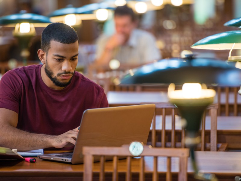 Student studies in library